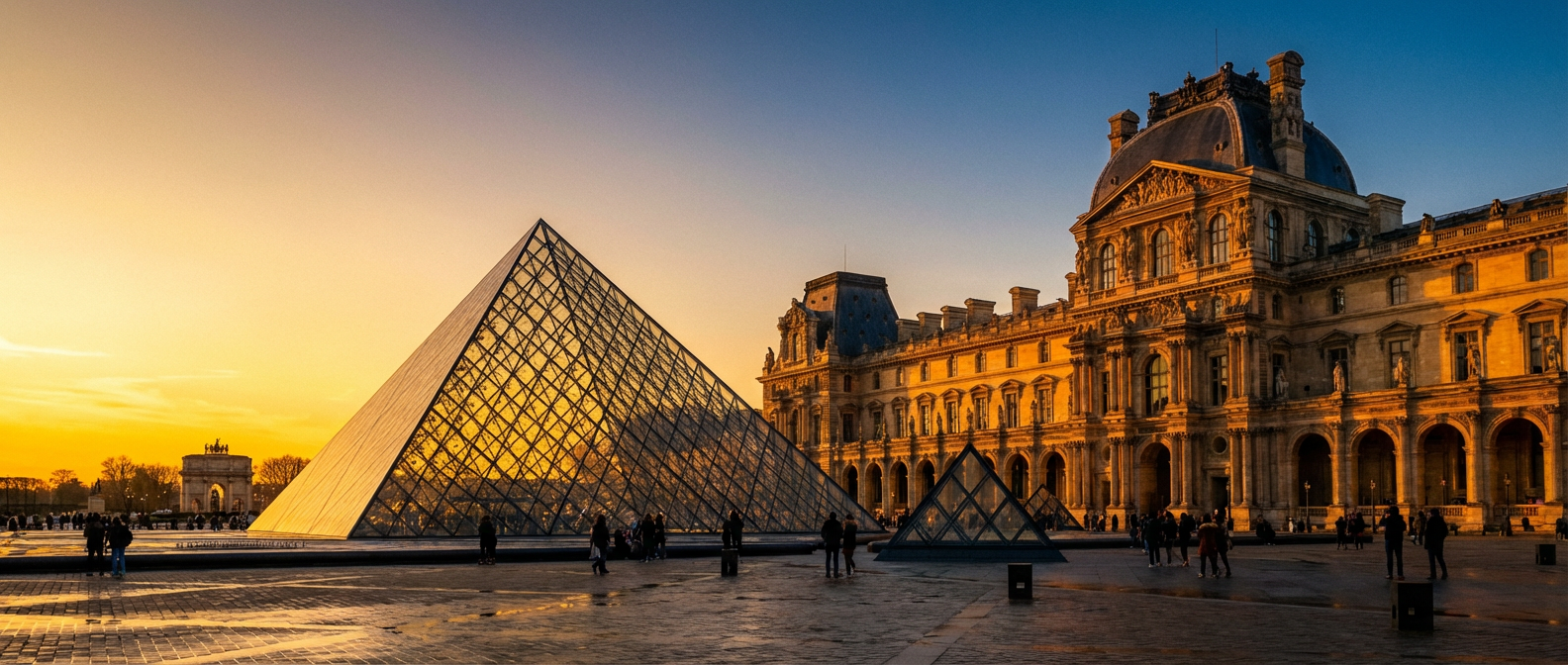The Louvre Museum in Paris with its iconic glass pyramid
